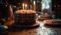 Burning candles illuminate homemade birthday cake joy generated by AI