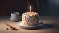 Burning candles illuminate sweet birthday dessert table generated by AI