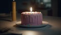 Burning candles illuminate sweet birthday indulgence indoors generated by AI