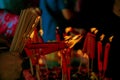 Burning  candles in a  pot in Chinese temple. Royalty Free Stock Photo