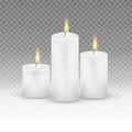 Burning candles set. Realistic Candles Flame Fire Light isolated on transparent background. Vector illustration. Royalty Free Stock Photo