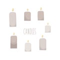 Burning candles set. Simple vector candlesticks for aroma spa, hygge, religion, christmas.