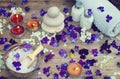 Burning candles and spa set with bath salt, stones for hot massage and skin lotions in the midst of small purple flowers of Royalty Free Stock Photo