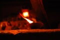 Burning candles during Varanasi Puja. Aged photo.