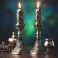 Burning candles in vintage candlesticks on dark background