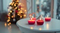 Burning candles on white table in interior. Valentines day concept. Generative Ai Royalty Free Stock Photo