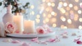 Burning candles on white table in interior. Valentines day concept. Generative Ai Royalty Free Stock Photo