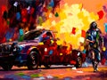 Burning car anarchy protest oil painting style art sequence 7 of 13