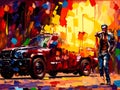 Burning car anarchy protest oil painting style art sequence 4 of 13