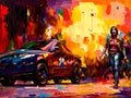 Burning car anarchy protest oil painting style art sequence 6 of 13