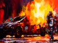 Burning car anarchy protest oil painting style art sequence 13 of 13