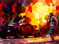 Burning car anarchy protest oil painting style art sequence 3 of 13