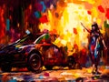 Burning car anarchy protest oil painting style art sequence 1 of 13