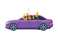 Burning Car, Auto Accident, Purple Car Side View Flat Vector Illustration