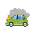 Burning car, auto fire breakdown cartoon vector Illustration