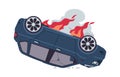 Burning car. Automobile crash, auto accident, inverted car with fire, broken windows and dark smoke. Damaged vehicle