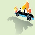 Burning car crash icons posed on its side