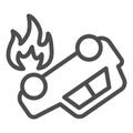 Burning car line icon. Overturned automobile with fire in fuel tank symbol, outline style pictogram on white background Royalty Free Stock Photo