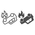 Burning car line and solid icon. Overturned automobile with fire in fuel tank symbol, outline style pictogram on white Royalty Free Stock Photo