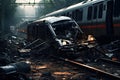 Burning car on the railroad tracks in the city at night, Train crashes in car, AI Generated