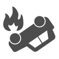 Burning car solid icon. Overturned automobile with fire in fuel tank symbol, glyph style pictogram on white background Royalty Free Stock Photo