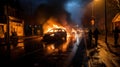 Burning car on the street at night in Brno, Czech Republic. Disorders, protests in Europe. Smoke and flames all around. Dispersal