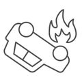 Burning car thin line icon. Overturned automobile with fire in fuel tank symbol, outline style pictogram on white Royalty Free Stock Photo