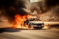 Burning car on traffic street. Generate ai