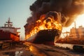 burning cargo ship with containers in the seaport. generative ai