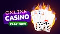 Burning Casino Poker Cards and dices. Online casino and flaming gambling concept.