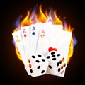 Burning Casino Poker Cards and dices. Online casino and flaming gambling concept