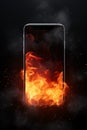 A burning cellphone - mobile device - celular - smartphone - generic model - fire - flames - smoke - isolated black background