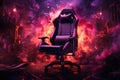 A burning chair, a state of emotional burnout in the office, a sign of collapse. Gaming chair in neon light.