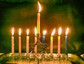 Burning Chanukah. The lit Chanukiah. Jewish holiday Hanukkah.