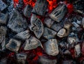 Burning charcoal top view for background. The texture of embers in close-up Royalty Free Stock Photo