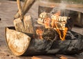 Burning charcoal from wood in a barbecue boiler Royalty Free Stock Photo