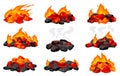 Burning charcoals. Cartoon coals, grill fire hot bbq glowing or burn heat wood coal, combustion bonfire barbecue, red