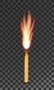 Burning charred wooden match with flame vector illustration