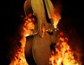 Burning chello, dark atmospheric mood, music instrument fantasy background