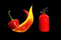 Burning chili pepper and fire extinguisher on black Royalty Free Stock Photo