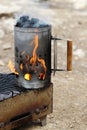 Burning Chimney Starter with Charcoal Royalty Free Stock Photo