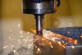 The burning chip from CNC milling machine rough cutting by index-able end-mill tools.