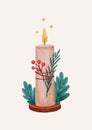 Burning Christmas Advent candle. Hand drawn illustration. Seasonal decoration. Vector isolated image. Royalty Free Stock Photo