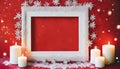 burning christmas candles with white frame and snowflakes on red background Royalty Free Stock Photo