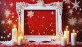 burning christmas candles with white frame and snowflakes on red background Royalty Free Stock Photo