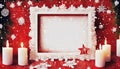 burning christmas candles with white frame and snowflakes on red background Royalty Free Stock Photo