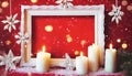 burning christmas candles with white frame and snowflakes on red background Royalty Free Stock Photo