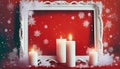 burning christmas candles with white frame and snowflakes on red background Royalty Free Stock Photo