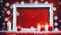 burning christmas candles with white frame and snowflakes on red background Royalty Free Stock Photo