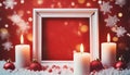 burning christmas candles with white frame and snowflakes on red background Royalty Free Stock Photo